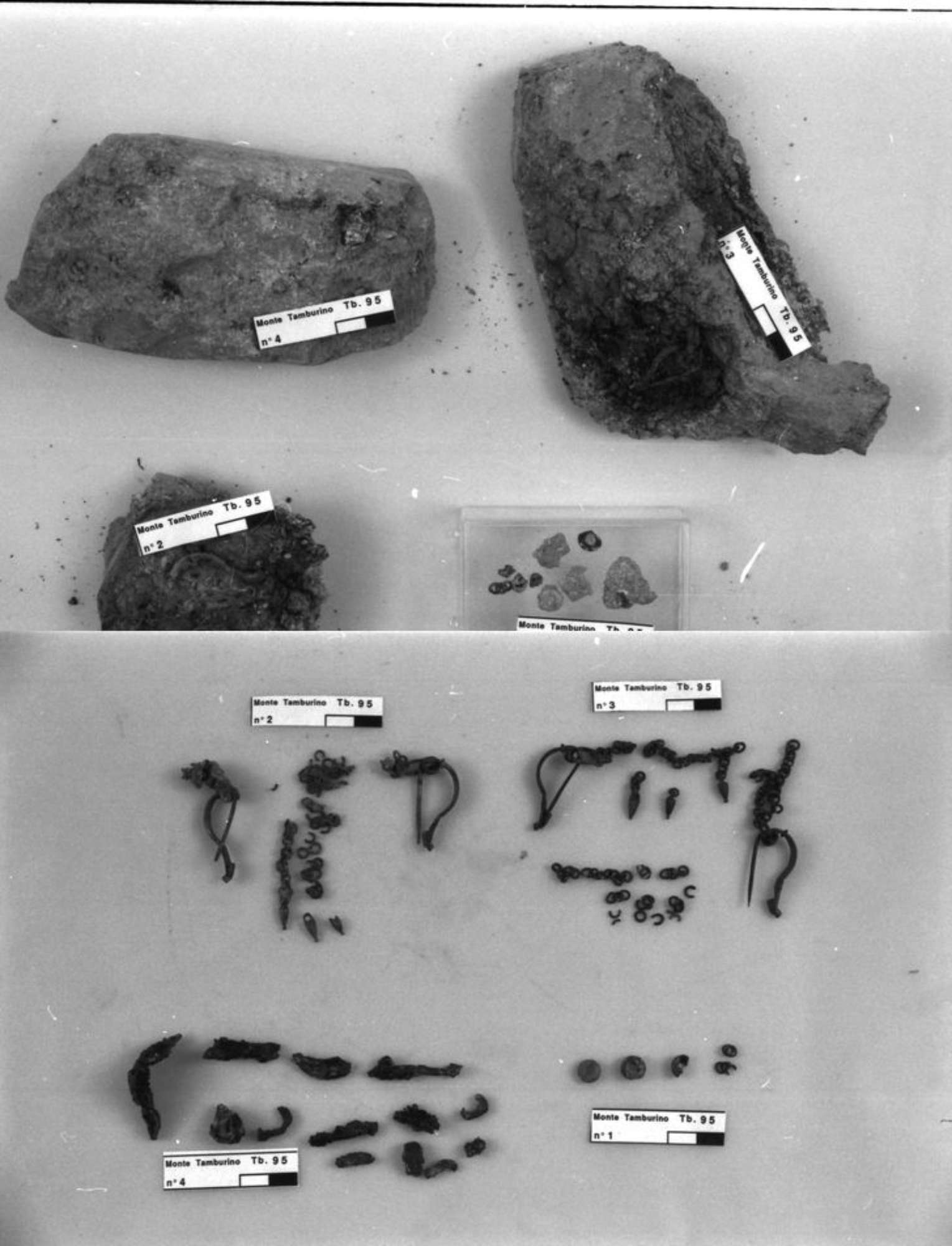 perle in ambra e frammento di catenella, fibule in bronzo prima del restauro